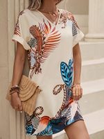 Graphic Print V Neck Dress, Vintage Short Sleeve Dress For Spring & Summer, Women's Clothing - Image 4