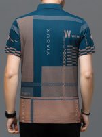 Men's Irregular Geometric Pattern And Alphabet Print Sports Shirt With Henley Neck, Lapel Collar And Short Sleeve, Casual And Chic Tee For Men, Tops Suitable For Summer Outdoors Activities - Image 5
