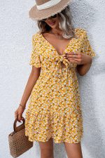 V Neck Floral Print Ruffle Hem Dress - Image 6