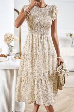 Floral Print Smocked Round Neck Casual Dress - Image 4