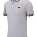 Breathable Embroidered Shirt, Men's Casual Crocodile Pattern Stripe Lapel Button Up Golf Shirt For Summer - Image 15