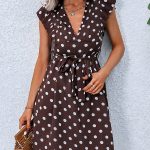 Dots Print V Neck Tie Waist Dress
