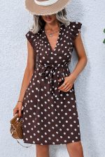 Dots Print V Neck Tie Waist Dress