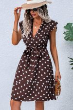 Dots Print V Neck Tie Waist Dress - Image 4