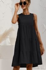 Round Neck Solid Ruched Sleeveless Mini Dress - Image 5