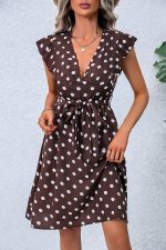 Dots Print V Neck Tie Waist Dress - Image 3