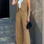 Solid Two-piece Set, Elegant Button Front Vest & Wide Leg Pants Outfits, Women's Clothing - Image 6