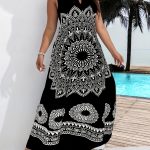 Mandala Floral Print Maxi Dress, Elegant Notched Neck Sleeveless Dress, Women's Clothing