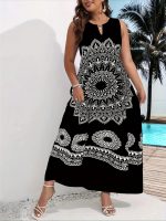 Mandala Floral Print Maxi Dress, Elegant Notched Neck Sleeveless Dress, Women's Clothing - Image 6