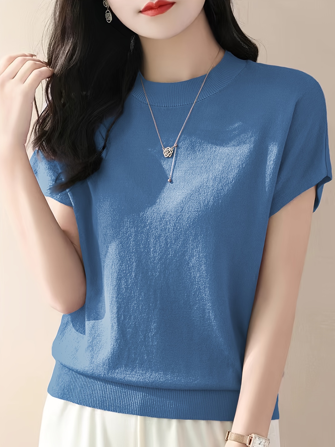 24841c9c-b4a5-4ef7-b4a2-15f22201a2ce.jpg Solid Color Crew Neck Pullover Sweater, Casual Short Sleeve Ribbed Knitted Sweater For Every Day, Women's Clothing - Image 1