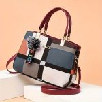 Colorblock Handbag For Women, Plaid Pattern Shoulder Bag, Casual Crossbody Purse With Pompom Charms - Image 3