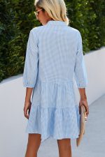 Plaid Print Button Up Split Neck Tunic Dress - Image 4