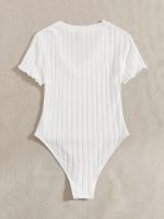 Solid V Neck Rib Knit Bodysuit, Casual Short Sleeve Basic Bodysuit, Women's Clothing - Image 8