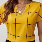 Plaid Print Notched Neck Blouse, Casual Short Sleeve Blouse For Spring & Summer, Women's Clothing