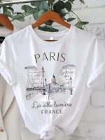 Paris Print T-shirt, Short Sleeve Crew Neck Casual Top For Summer & Spring, Women's Clothing
