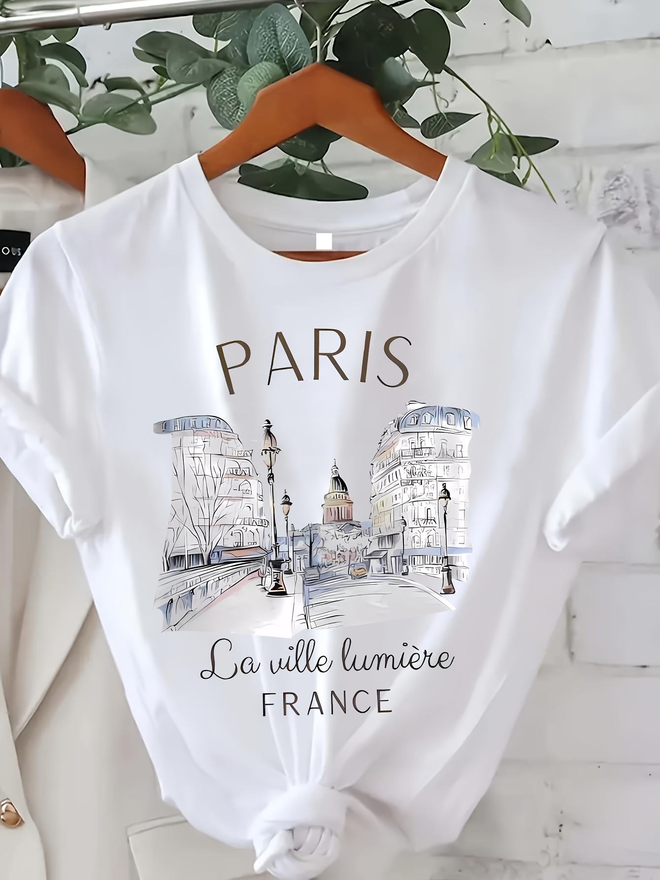 27a117b4-0634-482e-a4ae-8603d0332d0b.jpg Paris Print T-shirt, Short Sleeve Crew Neck Casual Top For Summer & Spring, Women's Clothing - Image 1