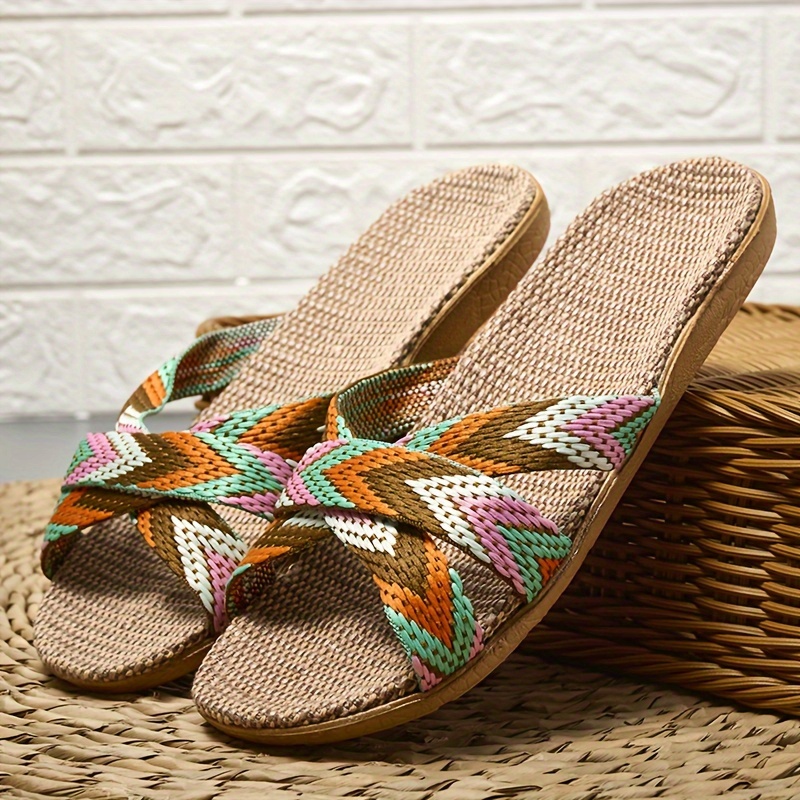 28f25d4b-42a1-4c48-9783-faf98af65986.jpg Summer Linen Sole Slides, Casual Open Toe Slip On Shoes, Comfortable Indoor Home Slides - Image 1