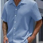 Men's Casual Short Sleeve Black Shirt, Solid Textured Button-Up Classic Lapel Shirt, Summer Fashion Hawaiian Shirt - Image 6