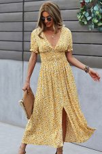 V Neck Smocked Chest Floral Print Maxi Dress - Image 3