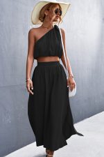 Solid Color Tie Shoulder Slid Two Pieces Dress - Image 2