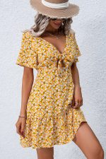 V Neck Floral Print Ruffle Hem Dress - Image 3