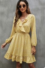 V Neck Floral Print Ruffled Mini Dress