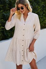 Split Neck Plaid Print Button Up Tunic Dress - Image 2