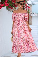 Smocked Print Off The Shoulder Midi Dress - Image 3