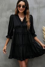 Solid Black and Ruffled V Neck Mini Dress - Image 2