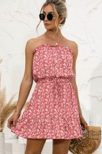 Floral Print Strapless Tie Waist Mini Dress