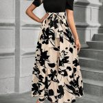 Lace Up Floral Print Splicing Dress, Elegant Crew Neck Short Sleeve Dress For Spring & Summer, Women's Clothing - Image 4