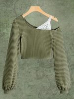 Cold Shoulder Contrast Lace T-shirt, Elegant Long Sleeve T-shirt, Women's Clothing - Image 3