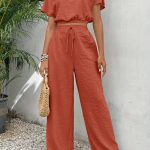 Solid Color Summer & Spring Casual Two-piece Set, Batwing Sleeve Crop Top & Tie Front Pants Outfits, Women's Clothing - Image 2