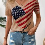 American Flag Print V Neck T-shirt, Short Sleeve Casual Top For Spring & Summer, Women's Clothing