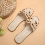 Women's Metallic Buckle Decor Slides, Fashionable Square Open Toe Summer Shoes, Casual Beach Flat Slides - Image 5