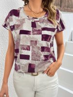 Geometric Print Blouse, Casual Crew Neck Short Sleeve Summer Blouse, Women's Clothing