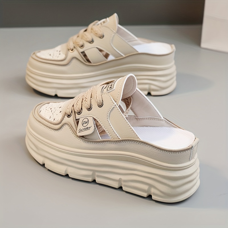 3014a1007a48db687fedf308f700dd87.jpg Women's Breathable Platform Mule Sneakers, Casual Cutout Design Lace Up Shoes, Comfortable Summer Shoes - Image 1