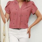 Heart Print V Neck Blouse, Casual Petal Sleeve Blouse For Spring & Summer, Women's Clothing - Image 3