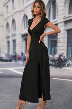 Deep V Neck Short Sleeve Solid Long Dress - Image 4