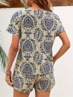Elegant Ethnic Print Two Pieces, V Neck Short Sleeve Top & High Waist Shorts Outfits, Women's Clothing - Image 4