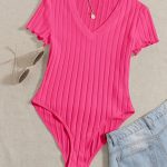 Solid V Neck Rib Knit Bodysuit, Casual Short Sleeve Basic Bodysuit, Women's Clothing - Image 4