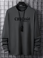 CHICAGO Print Men's Street Daily Long Sleeve High Stretch T-shirt, Spring Fall Outdoor, Men's Clothing