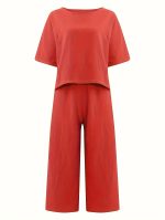 Solid Two-piece Set, Crew Neck Casual T-Shirt & Wide Leg Pants, Women's Clothing - Image 10