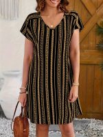 Striped V-neck Dress, Vacation Style Short Sleeve Shift Dress For Spring & Summer, Women's Clothing - Image 5