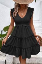 V Neck Smocked Frill Solid Casual Dress - Image 4