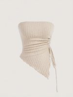 Solid Ribbed Asymmetric Hem Tube Top, Elegant Drawstring Ruched Side Strapless Sleeveless Top, Women's Clothing