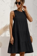 Round Neck Solid Ruched Sleeveless Mini Dress - Image 6