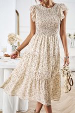 Floral Print Smocked Round Neck Casual Dress - Image 3