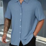 Men's Casual Short Sleeve Black Shirt, Solid Textured Button-Up Classic Lapel Shirt, Summer Fashion Hawaiian Shirt - Image 5
