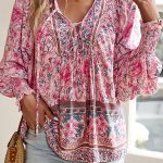 V Neck Floral Print Long Sleeve Casual Tops